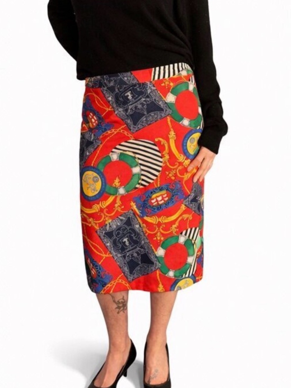 Vintage 70s nautical print pencil skirt.  Anchor, rope, baroque-8